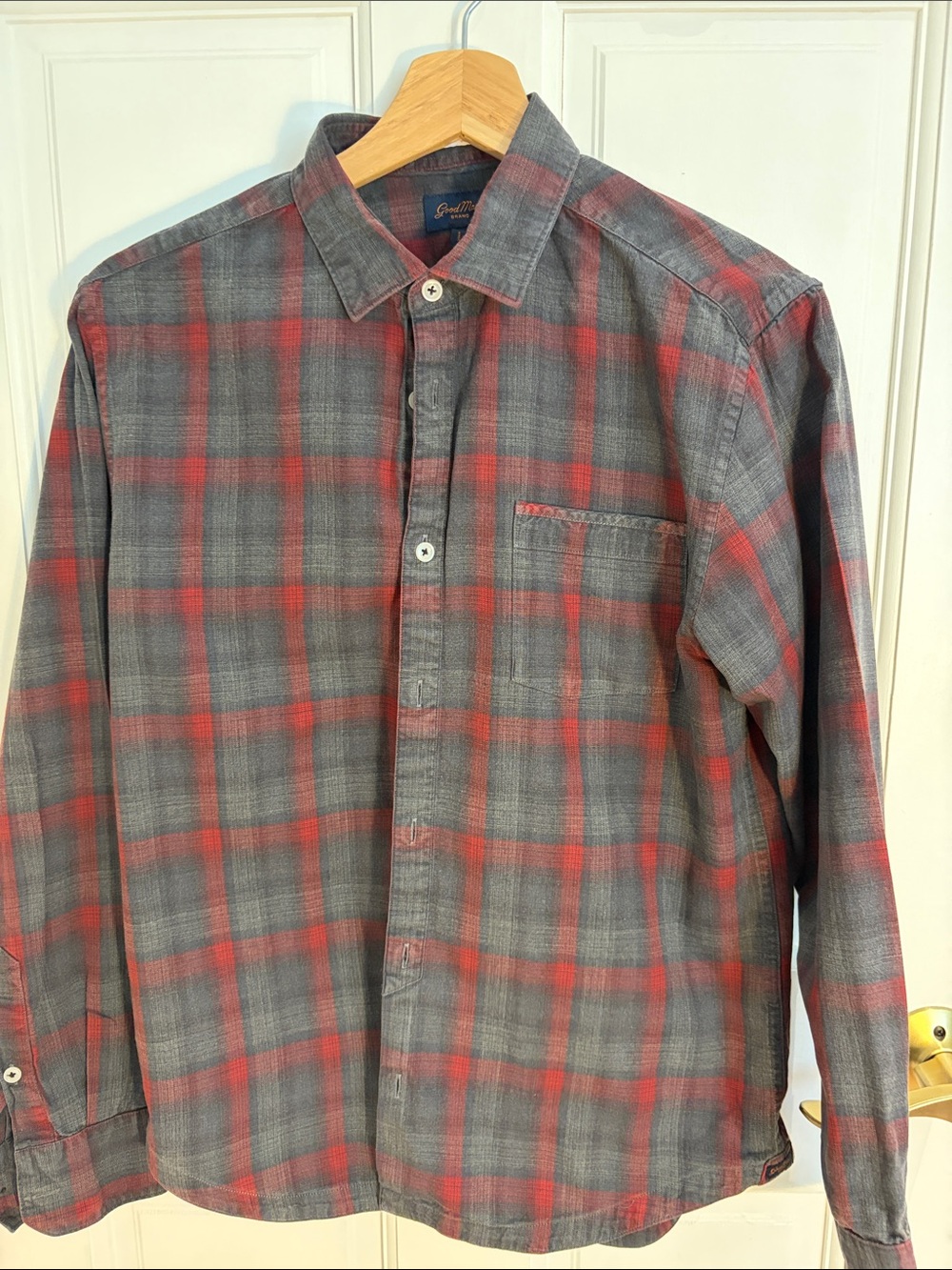 Good Man Brand Gray and Red Plaid Casual Button-Down Shirt